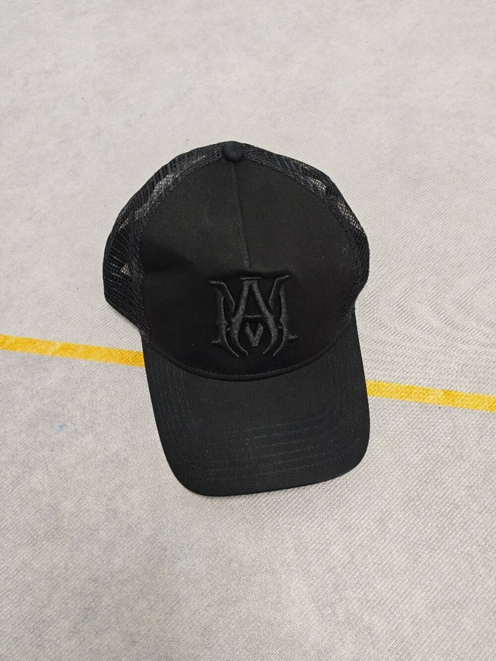 All‑Black Trucker Hat Black‑on‑Black Gothic M Logo Embroidered Mesh Back Cap